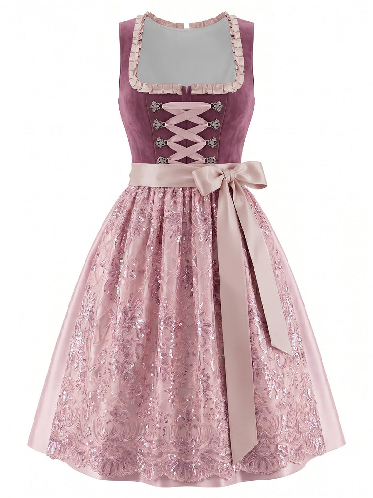 Dark Pink 1950s Floral Square Neck Dress