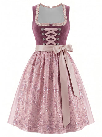 Dark Pink 1950s Floral Square Neck Dress