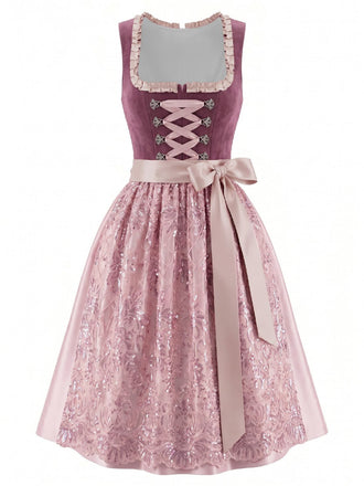 Dark Pink 1950s Floral Square Neck Dress with Sequin Apron