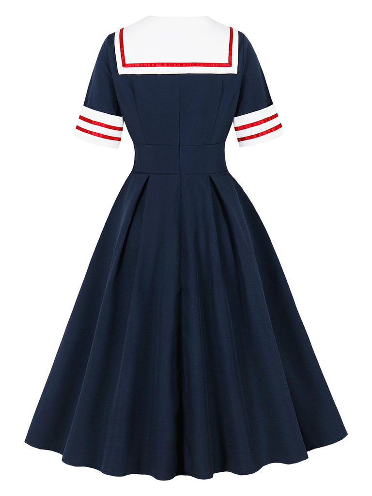 Dark Blue 1950s Patchwork Dress 2
