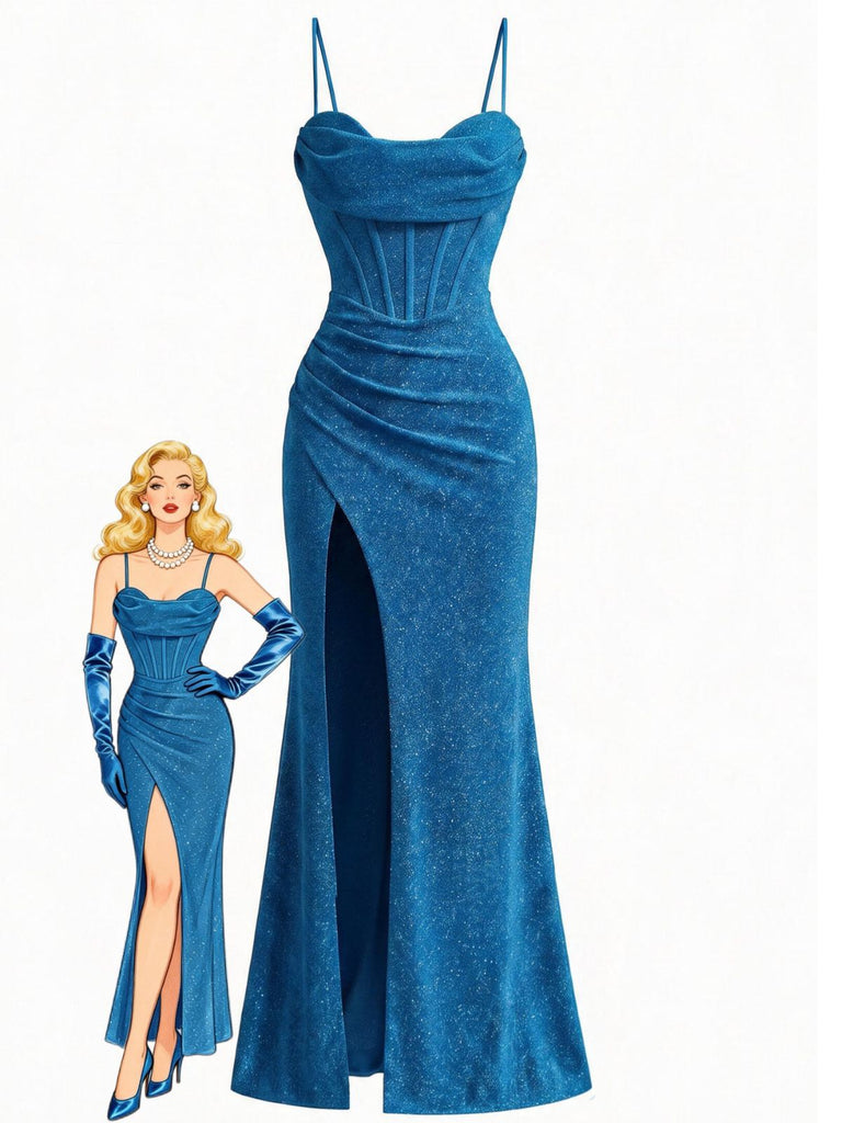 1930s Sparkle Cowl Neck Corset High Slit Mermaid Dress