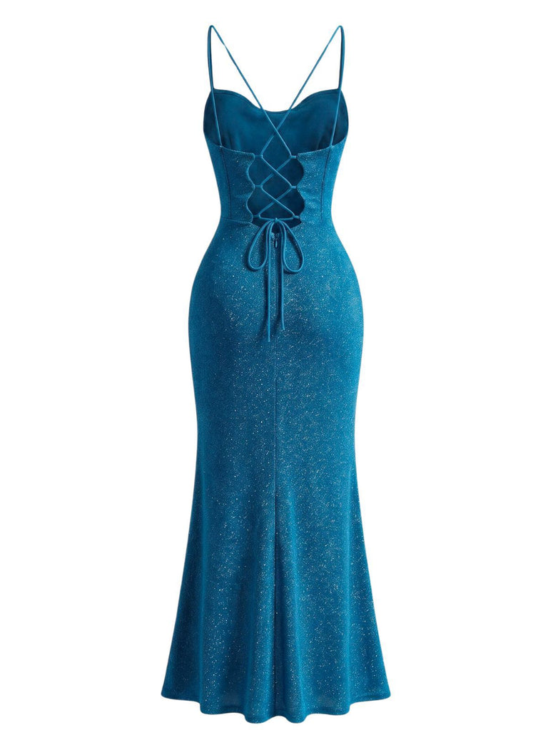 1930s Sparkle Cowl Neck Corset High Slit Mermaid Dress