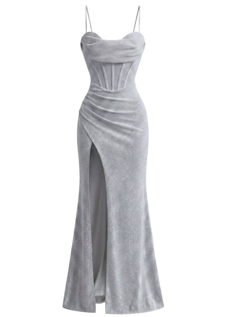 1930s Sparkle Cowl Neck Corset High Slit Mermaid Dress