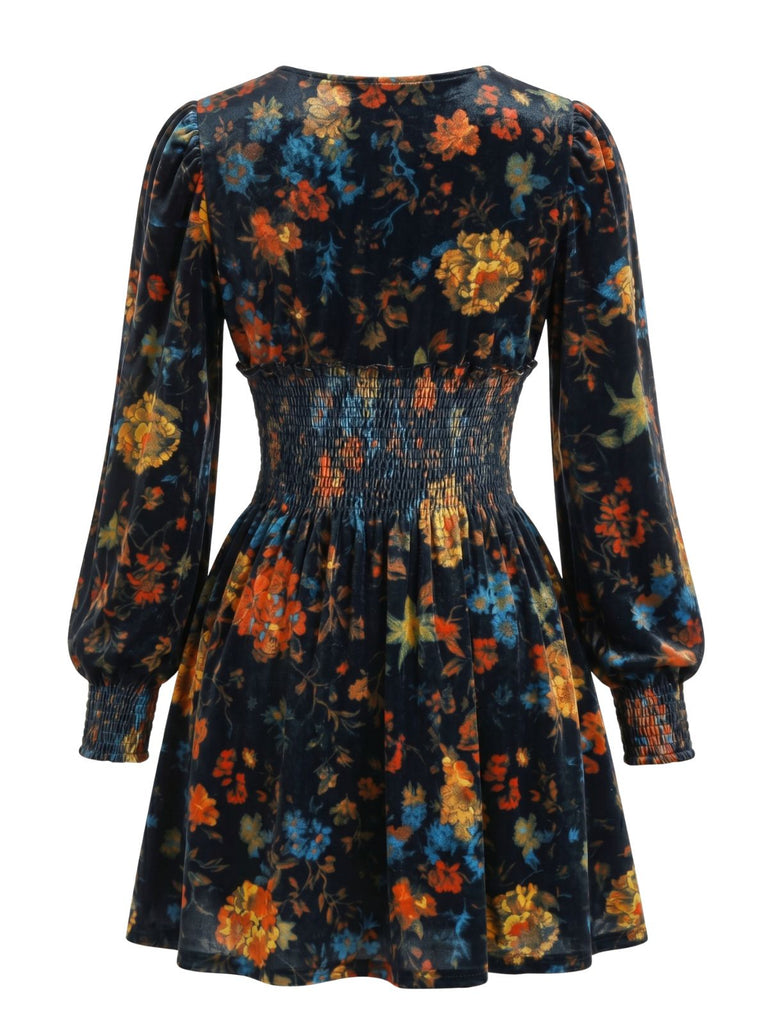 1960s V-Neck Floral Velvet Shirred Waist Dress