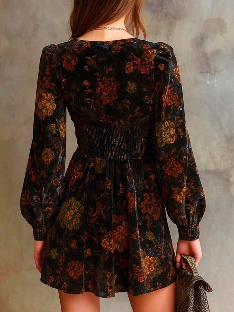 1960s V-Neck Floral Velvet Shirred Waist Dress