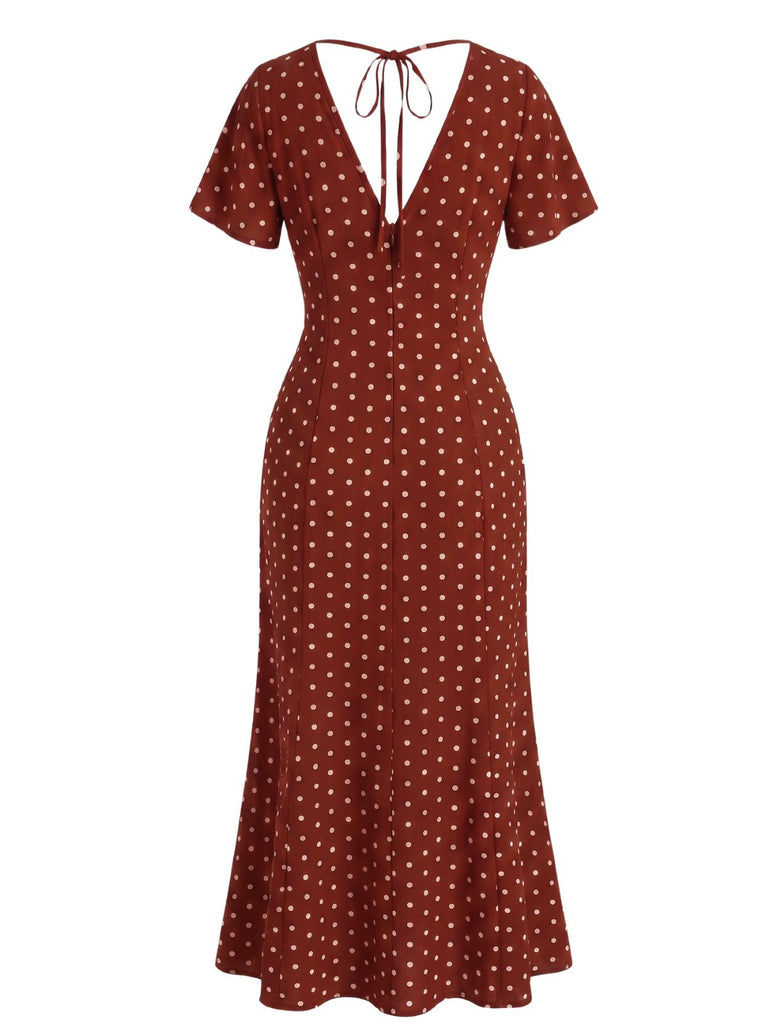 1930s V-Neck Polka Dot Flutter Sleeve Maxi Mermaid Dress