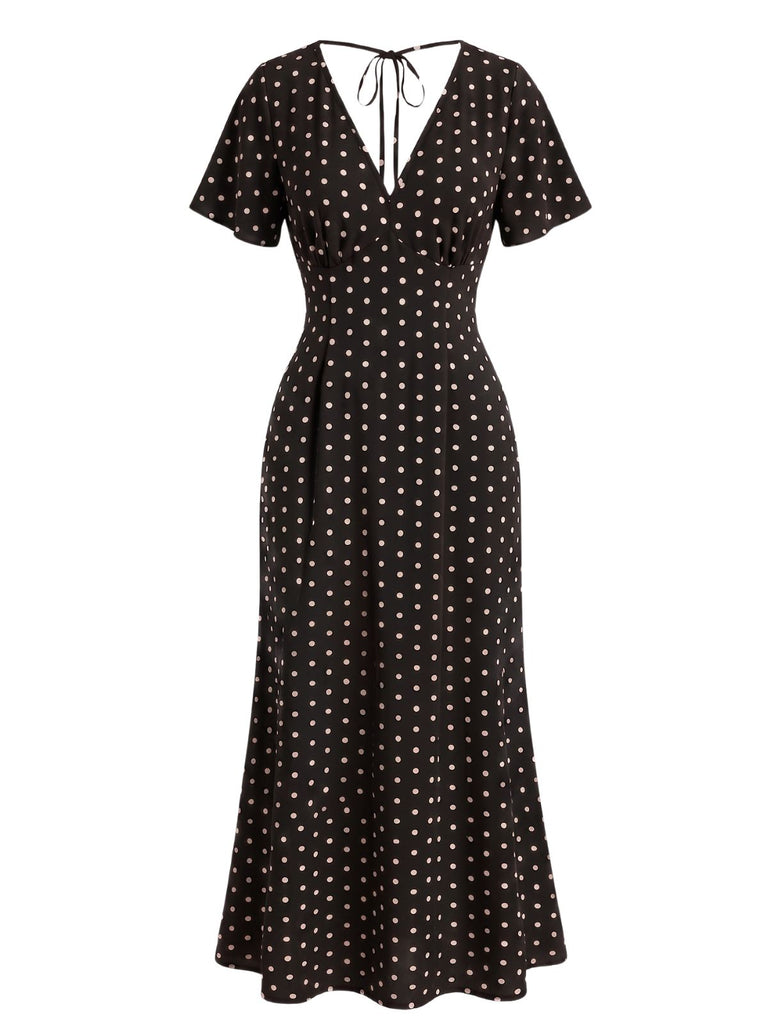 1930s V-Neck Polka Dot Flutter Sleeve Maxi Mermaid Dress