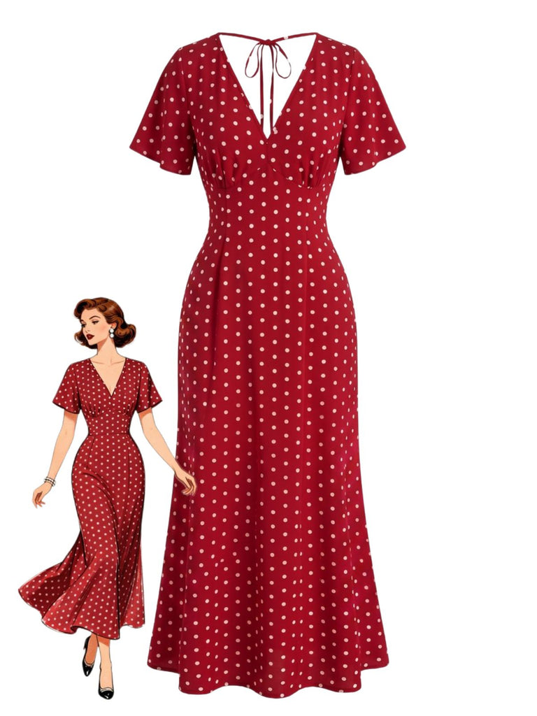 1930s V-Neck Polka Dot Flutter Sleeve Maxi Mermaid Dress