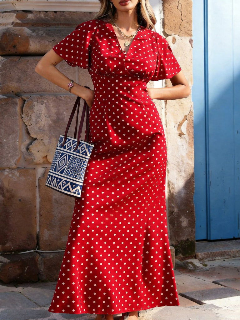 1930s V-Neck Polka Dot Flutter Sleeve Maxi Mermaid Dress