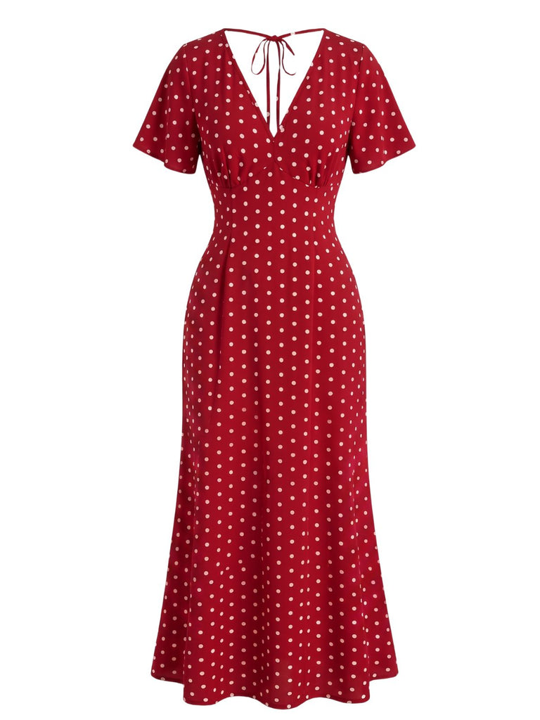 1930s V-Neck Polka Dot Flutter Sleeve Maxi Mermaid Dress