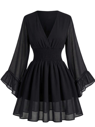 Black 1930s Chiffon V-Neck Smocked Waist Mini Dress