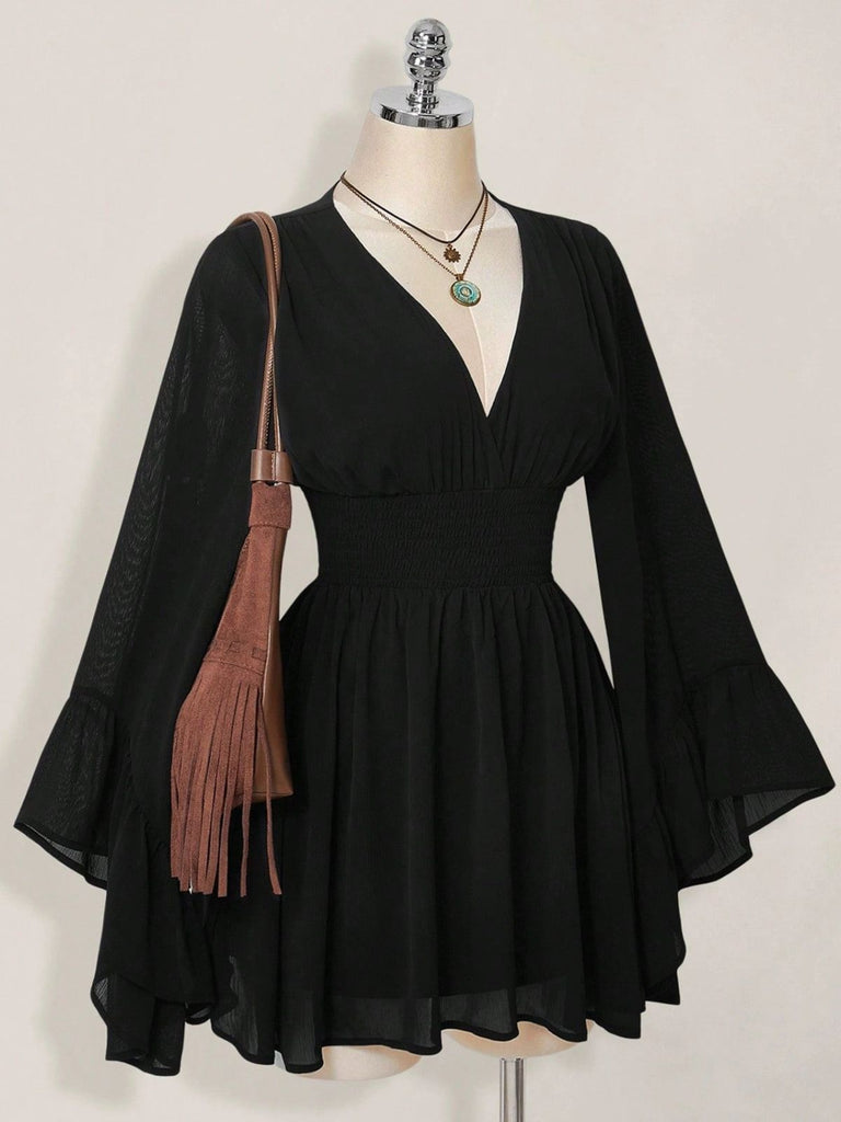 Black 1930s Chiffon V-Neck Smocked Waist Mini Dress