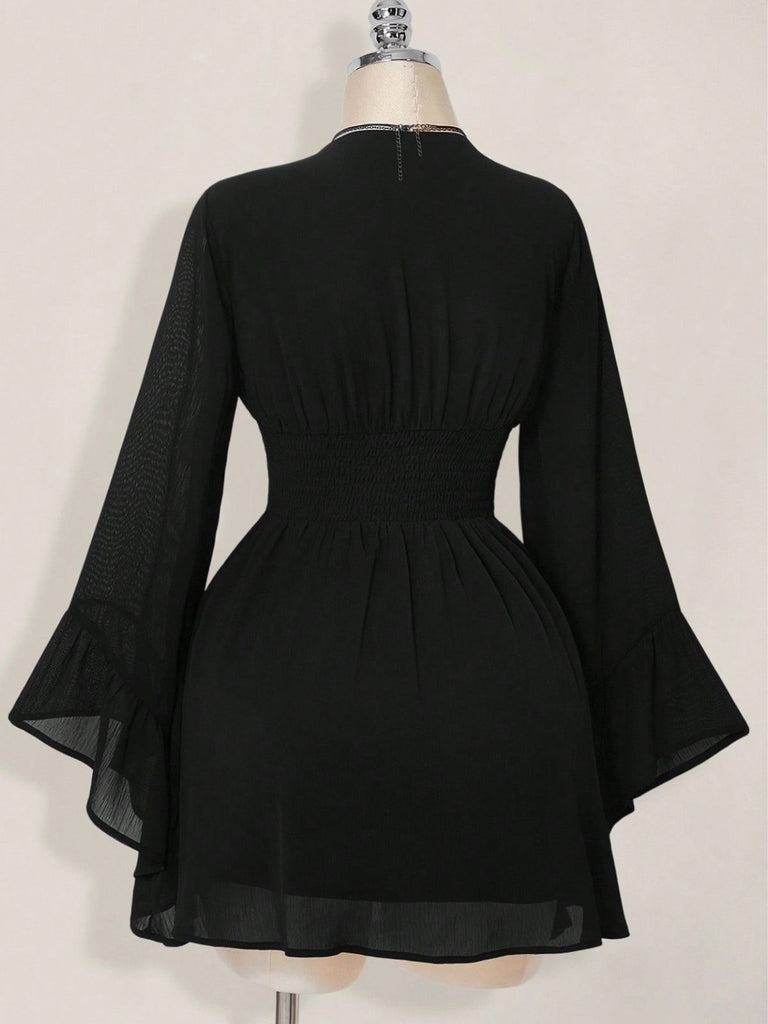 Black 1930s Chiffon V-Neck Smocked Waist Mini Dress