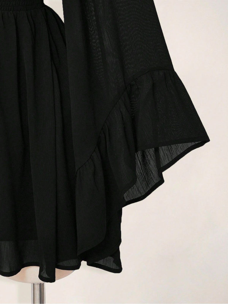 Black 1930s Chiffon V-Neck Smocked Waist Mini Dress