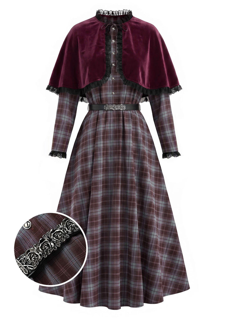 [Pre-Sale] 1940s Plaid Trim Belt Dress With Red Cape