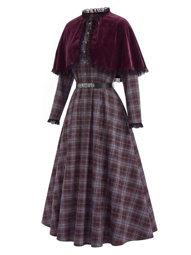 [Pre-Sale] 1940s Plaid Trim Belt Dress With Red Cape