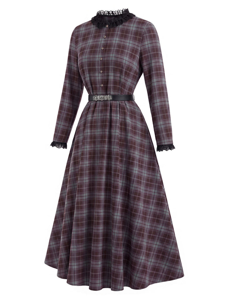[Pre-Sale] 1940s Plaid Trim Belt Dress With Red Cape