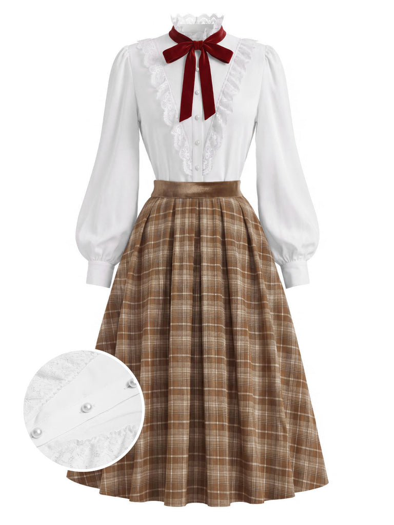[Pre-Sale] 2PCS White 1940s Lace Ruffled Collar Blouse & Brown Plaid Pleat Skirt