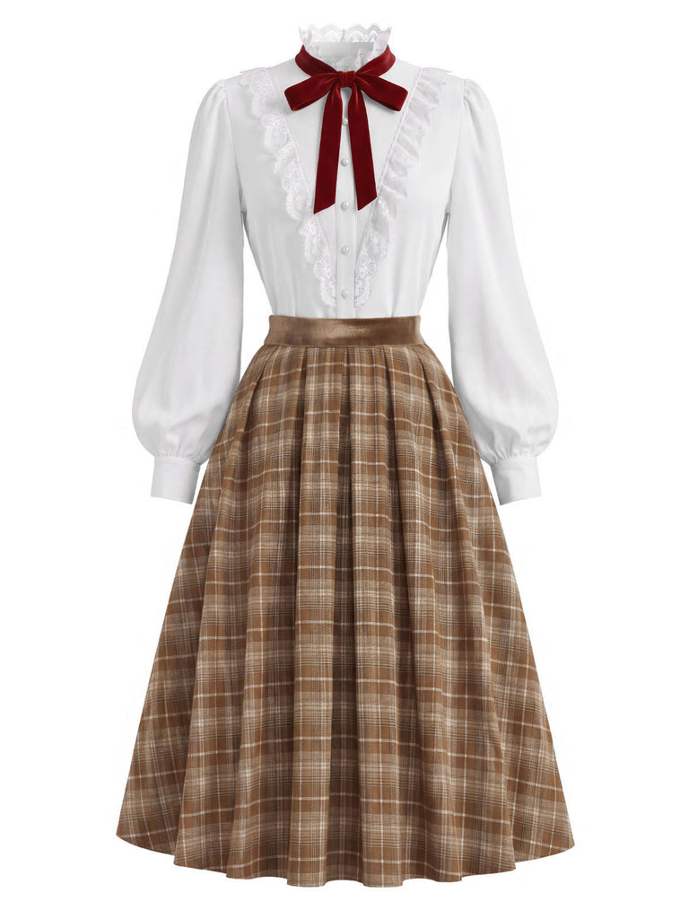 [Pre-Sale] 2PCS White 1940s Lace Ruffled Collar Blouse & Brown Plaid Pleat Skirt