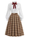 [Pre-Sale] 2PCS White 1940s Lace Ruffled Collar Blouse & Brown Plaid Pleat Skirt