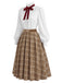 [Pre-Sale] 2PCS White 1940s Lace Ruffled Collar Blouse & Brown Plaid Pleat Skirt