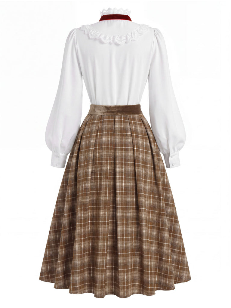 [Pre-Sale] 2PCS White 1940s Lace Ruffled Collar Blouse & Brown Plaid Pleat Skirt