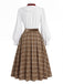 [Pre-Sale] 2PCS White 1940s Lace Ruffled Collar Blouse & Brown Plaid Pleat Skirt