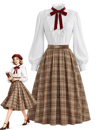 [Pre-Sale] 2PCS White 1940s Lace Ruffled Collar Blouse & Brown Plaid Pleat Skirt