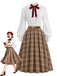 [Pre-Sale] 2PCS White 1940s Lace Ruffled Collar Blouse & Brown Plaid Pleat Skirt