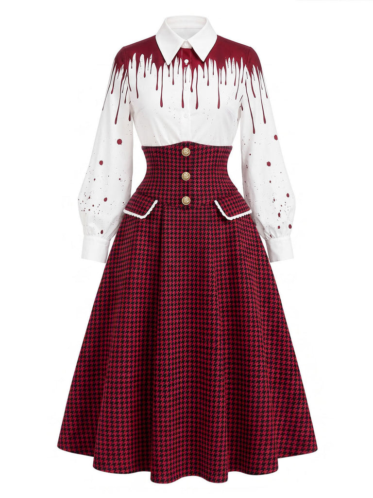 [Pre-Sale] 2PCS 1940s Bloodstain Print Shirt & Houndstooth High Waist Skirt