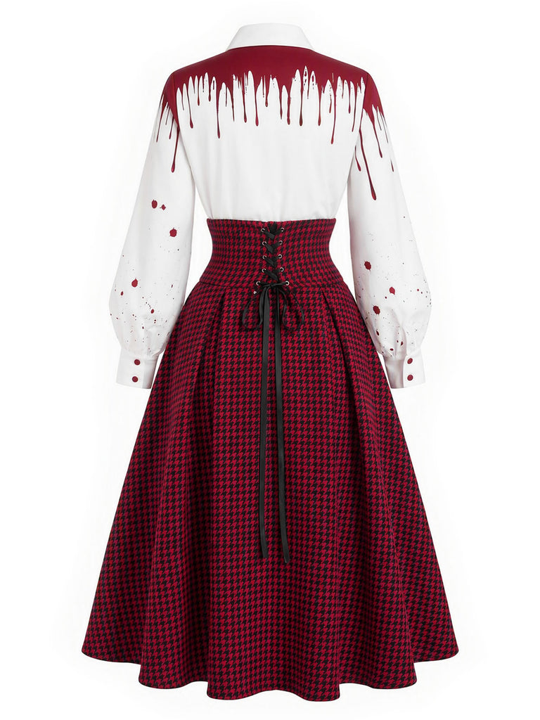 [Pre-Sale] 2PCS 1940s Bloodstain Print Shirt & Houndstooth High Waist Skirt
