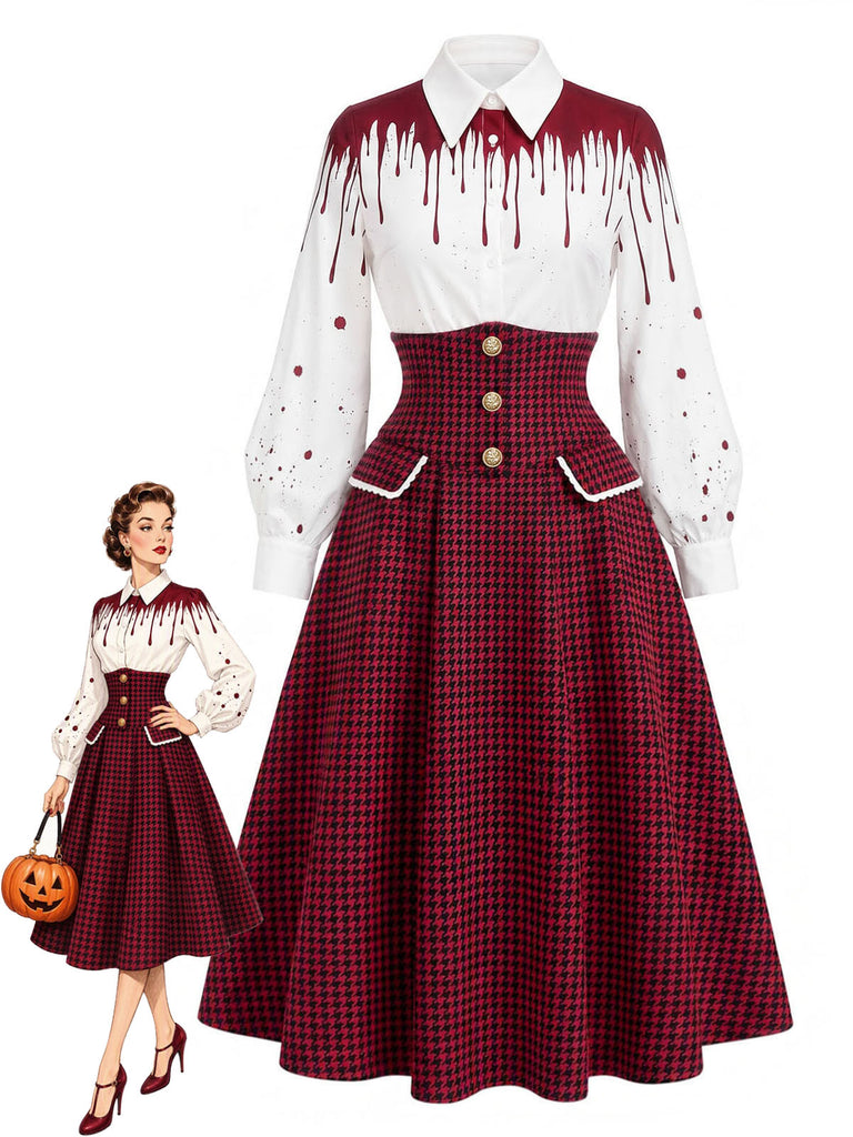 [Pre-Sale] 2PCS 1940s Bloodstain Print Shirt & Houndstooth High Waist Skirt