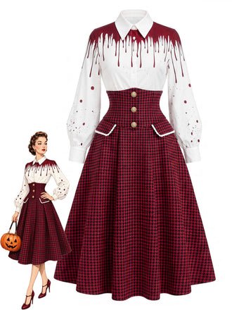 [Pre-Sale] 2PCS 1940s Bloodstain Print Shirt & Houndstooth High Waist Skirt