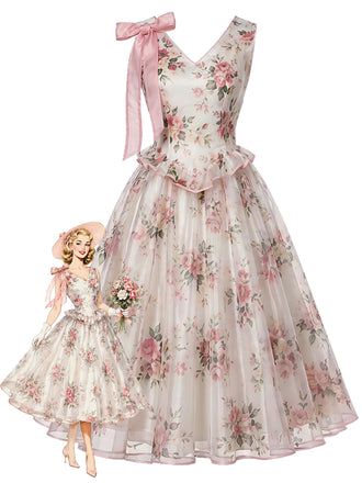 [Pre-Sale] Dark Pink 1950s Floral V Neck Bow Dress