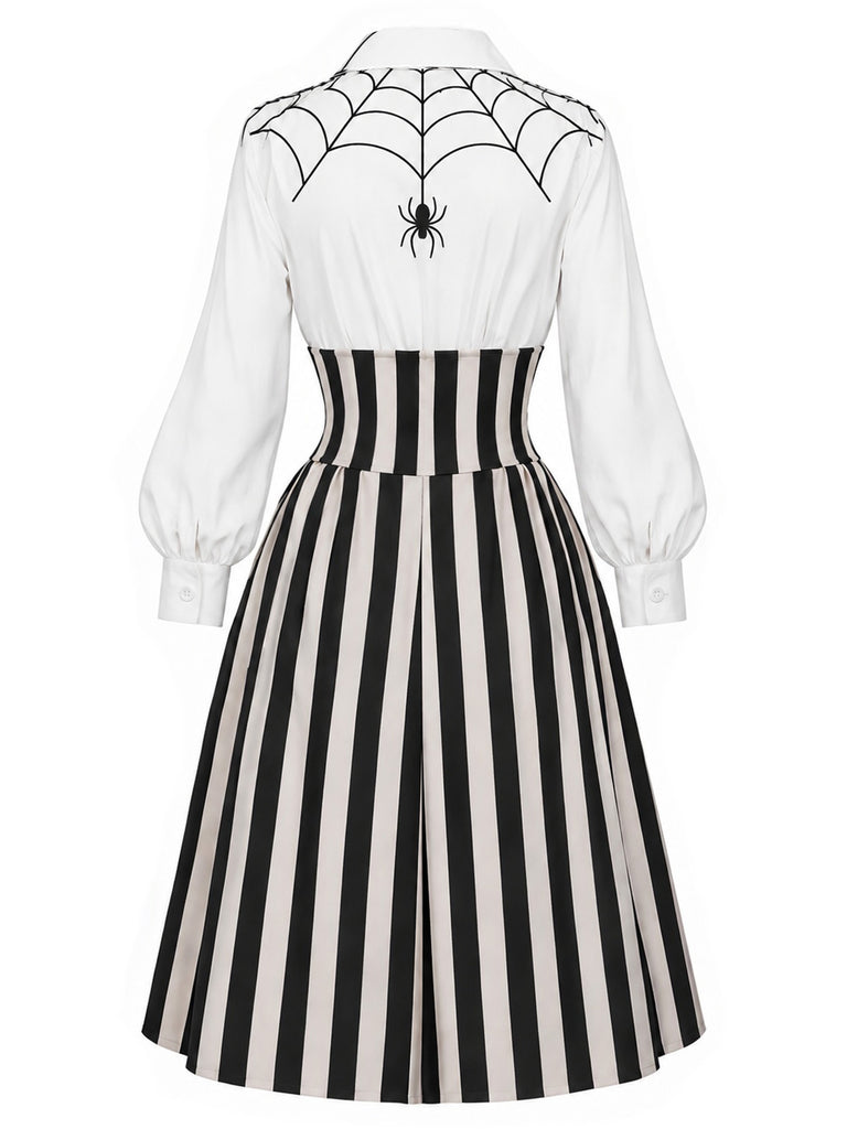 Black & White 1930s Spider-Web Vertical Striped Halloween Dress