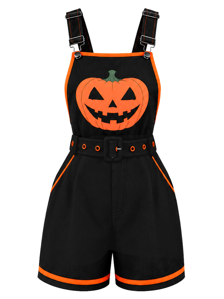 Black 1960s Halloween Pumpkin Pockets Overalls Romper
