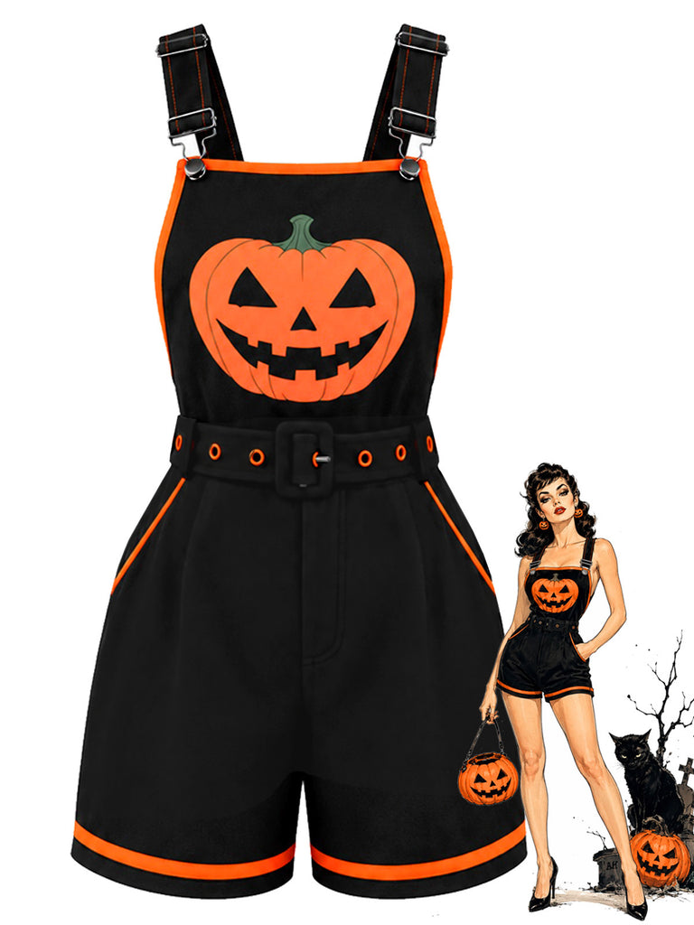 Black 1960s Halloween Pumpkin Pockets Overalls Romper