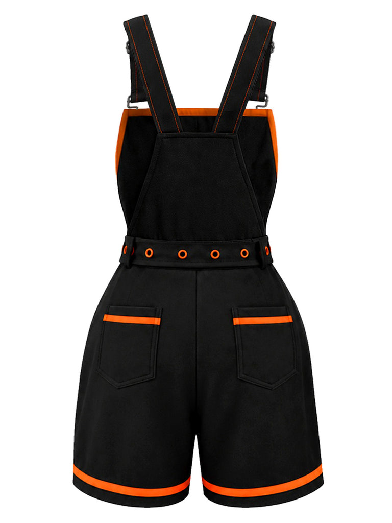Black 1960s Halloween Pumpkin Pockets Overalls Romper