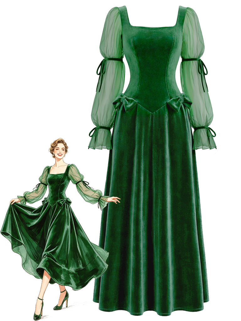 Lake Green 1970s Velvet Bow Dress 1