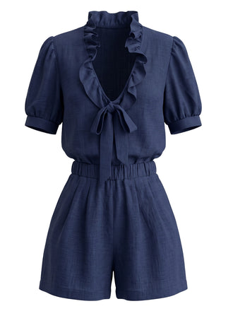 2PCS 1950s Ruffle Bow Puff Sleeve Blouse & Shorts Set