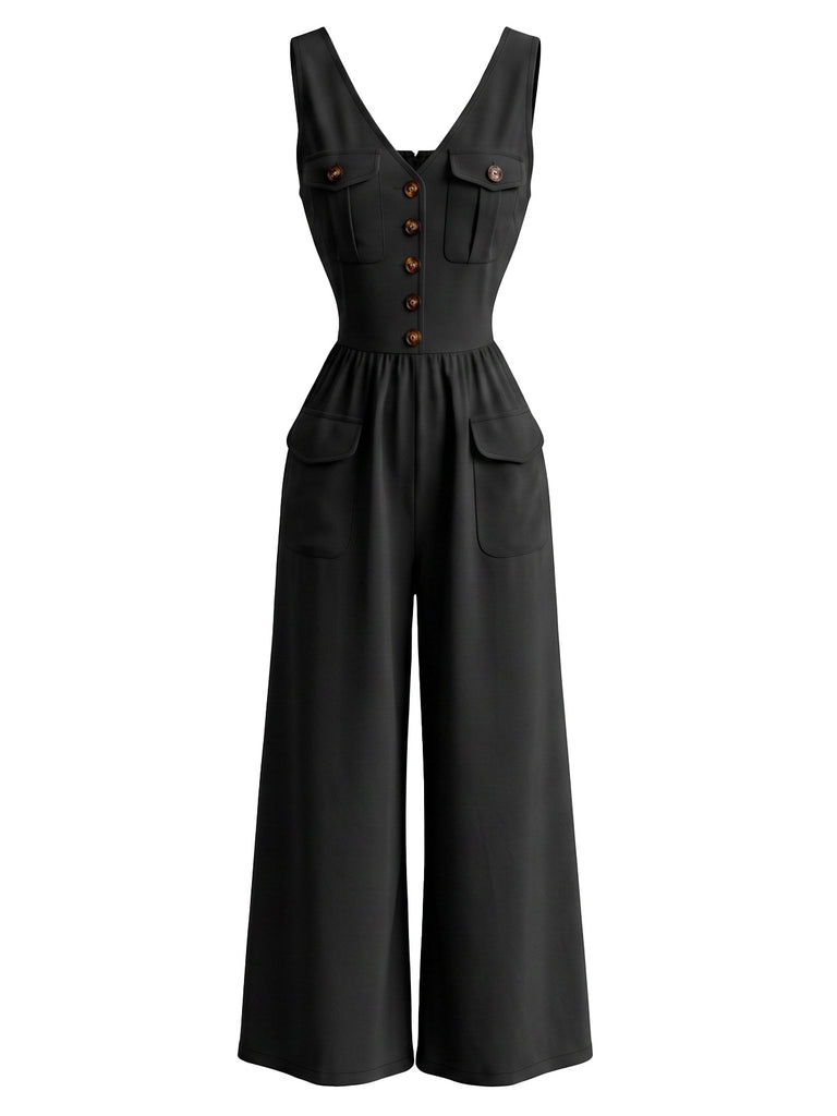 Black 1980s V Neck Jumpsuit 3