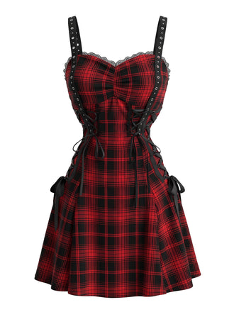 Red & Black 1950s Plaid Spaghetti Strap Halloween Dress