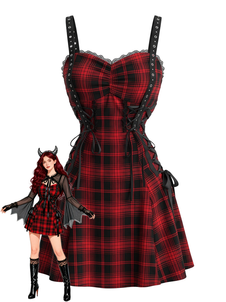 Red & Black 1950s Plaid Spaghetti Strap Halloween Dress