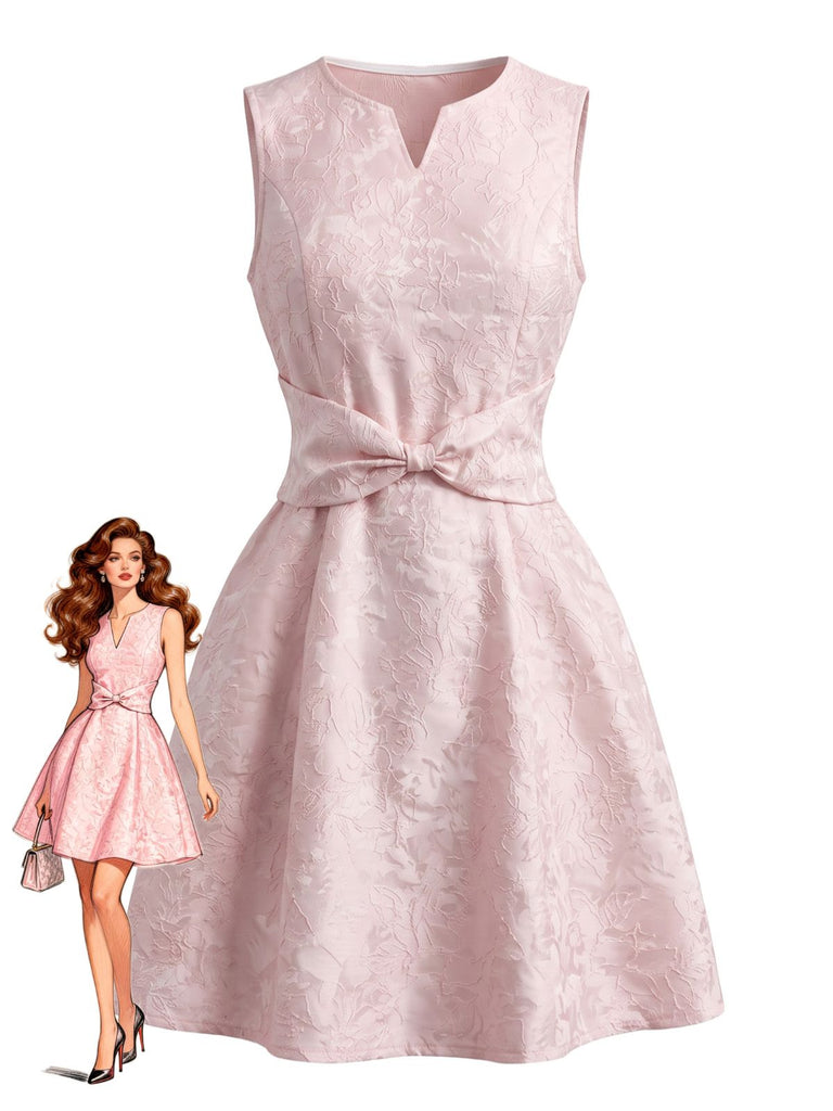 Pale Pink 1960s Floral Bow Belted Dress 2