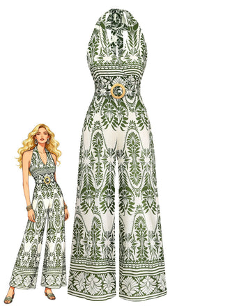 Green 1940s Halter Plants Backless Jumpsuit
