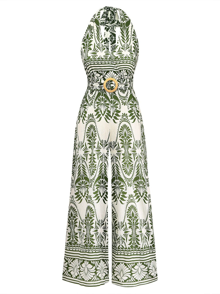Green 1940s Halter Plants Backless Jumpsuit
