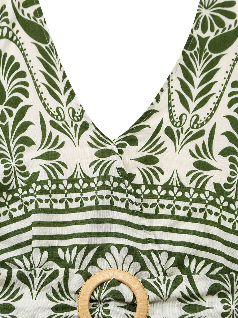 Green 1940s Halter Plants Backless Jumpsuit