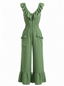 Black 1950s V Neck Ruffle Jumpsuit