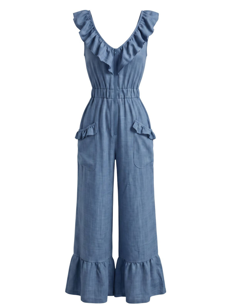 1950s V-Neck Ruffle Hem Drawstring Wide Leg Jumpsuit