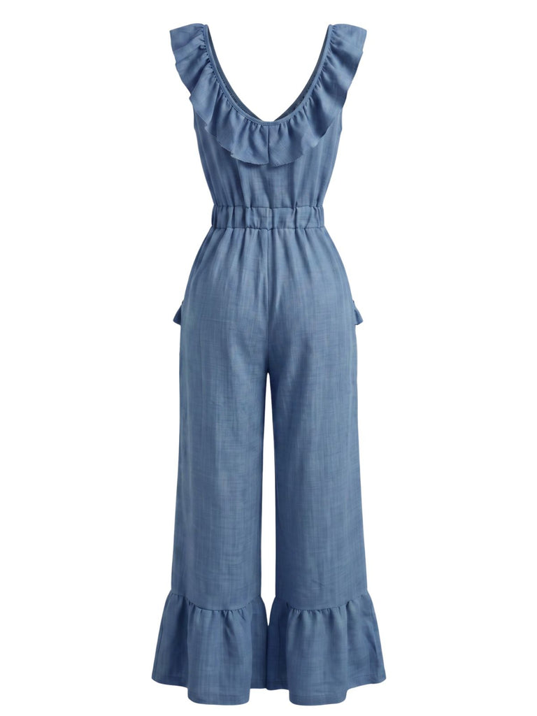 1950s V-Neck Ruffle Hem Drawstring Wide Leg Jumpsuit